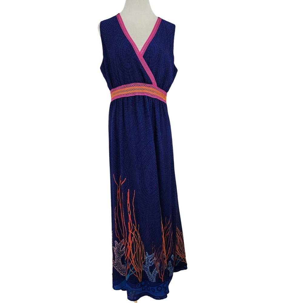 Nikki Poulos Maxi Dress Women XL Blue Coral Sea Life Crochet Trim Sleeveless